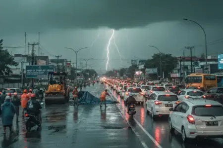 Warga Kota Surabaya diminta meningkatkan kewaspadaan terhadap potensi cuaca ekstrem pada Selasa sore hingga malam (ilustrasi foto AI)
