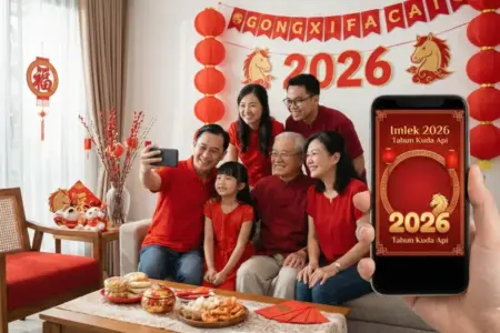 Sambut Tahun Kuda Api, Ini Kumpulan Twibbon dan Ucapan Imlek 2026 Penuh Makna untuk Media Sosial Penggunaan bingkai foto digital atau Twibbon, serta berbagi ucapan selamat yang menyentuh hati, masih menjadi tradisi populer untuk mempererat tali silaturahmi di era digital. (Foto AI)
