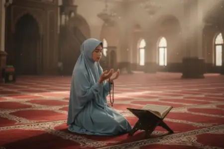 Wanita berdoa di dalam masjid saat Malam Nisfu Sya’ban yang datang pada 2 Februari 2026 (Ilustrasi AI)