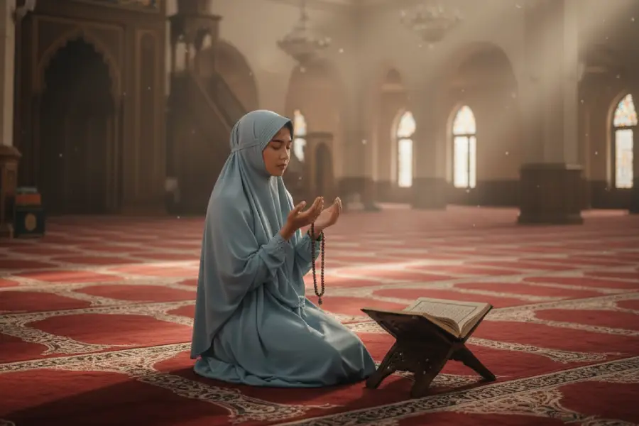 Mengapa Malam Nisfu Sya’ban Dianggap Istimewa? Ini Makna dan Amalan yang Dianjurkan Wanita berdoa di dalam masjid saat Malam Nisfu Sya’ban yang datang pada 2 Februari 2026 (Ilustrasi AI)