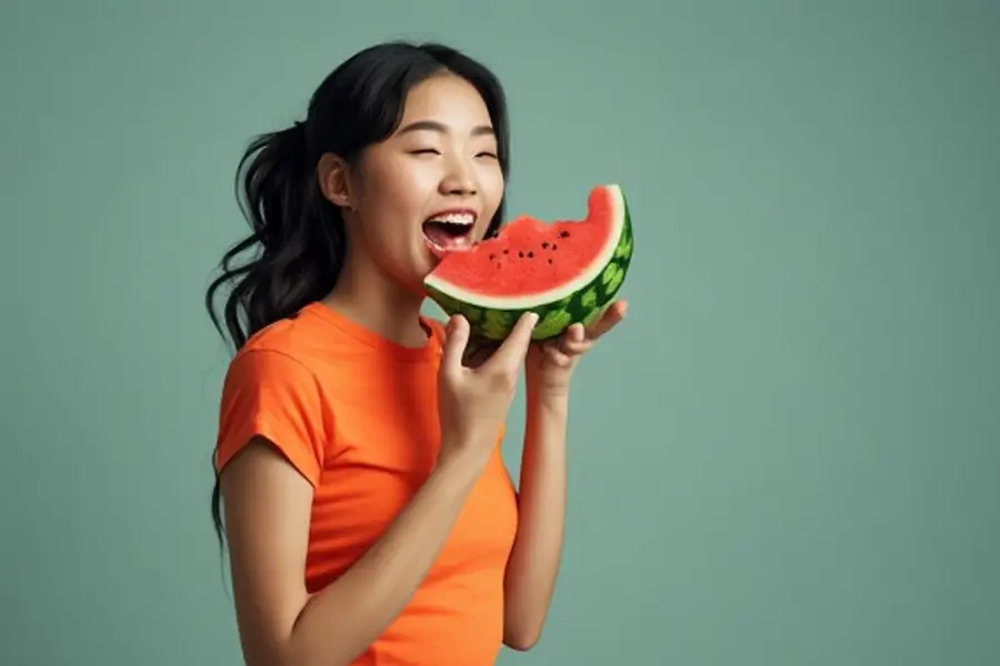 Ilustrasi wanita sedang menikmati buah semangka (fotoL generatif AI)
