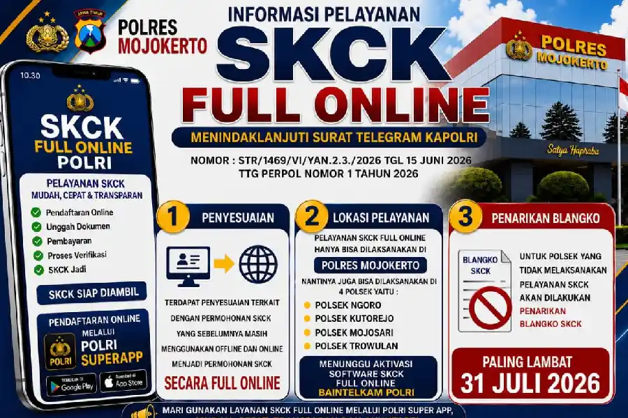 Polres Mojokerto resmi menerapkan layanan SKCK Full Online melalui POLRI SuperApp. Seluruh proses pengajuan kini dilakukan secara digital.